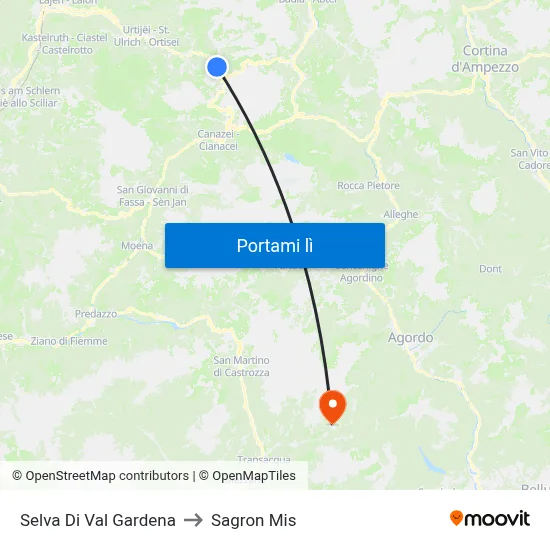 Selva Di Val Gardena to Sagron Mis map