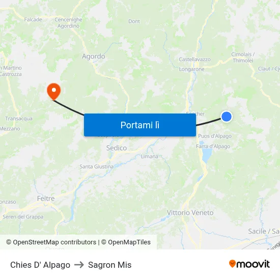 Chies D' Alpago to Sagron Mis map