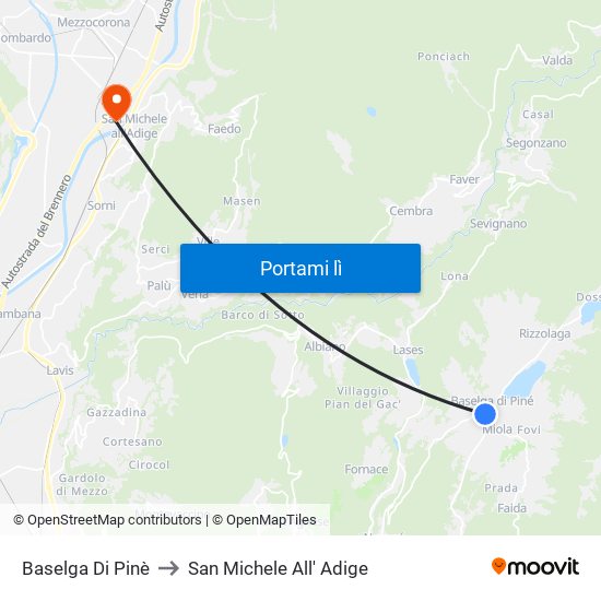 Baselga Di Pinè to San Michele All' Adige map