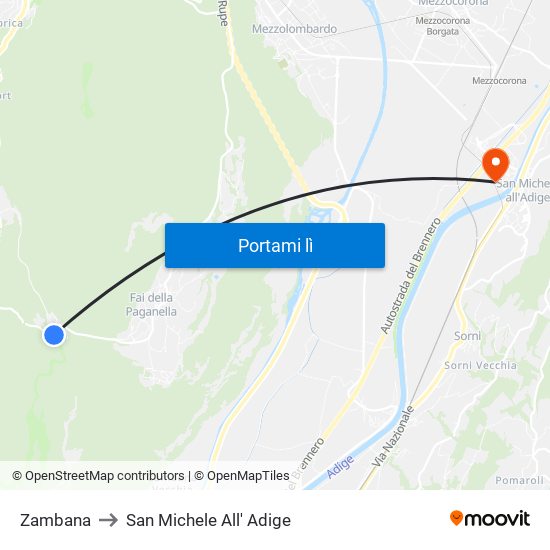 Zambana to San Michele All' Adige map