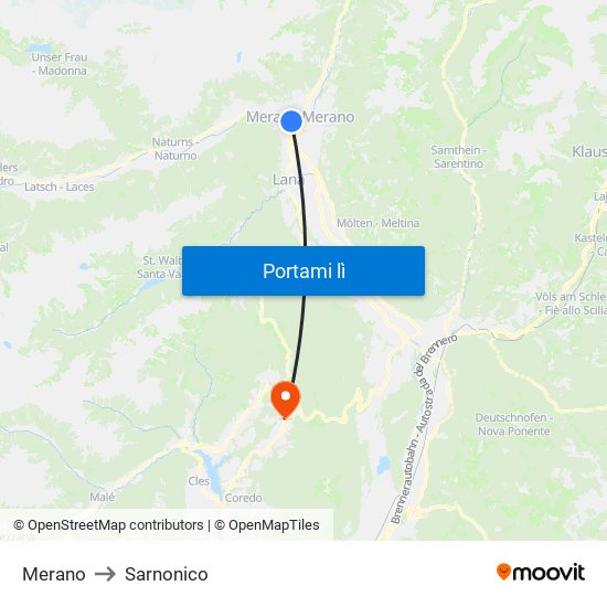 Merano to Sarnonico map