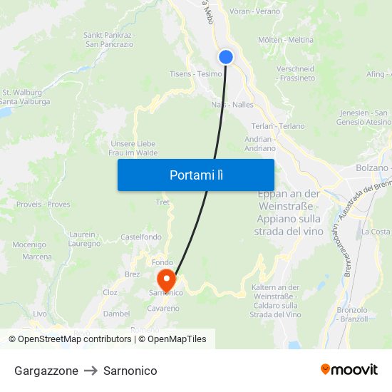 Gargazzone to Sarnonico map