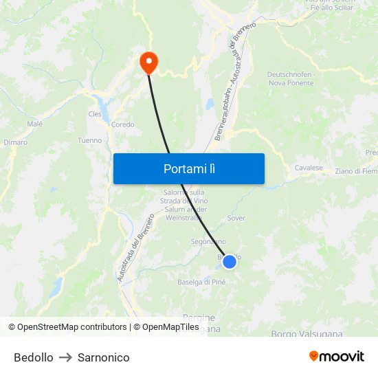 Bedollo to Sarnonico map