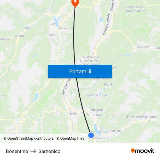 Bosentino to Sarnonico map