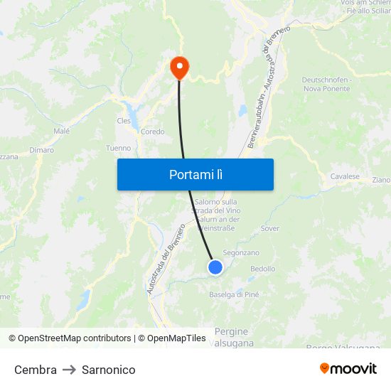 Cembra to Sarnonico map