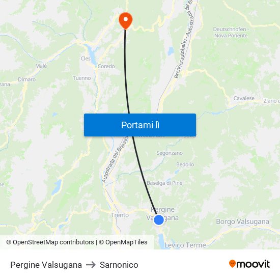 Pergine Valsugana to Sarnonico map
