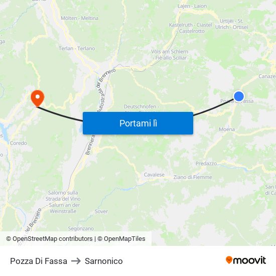 Pozza Di Fassa to Sarnonico map