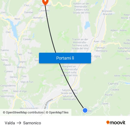 Valda to Sarnonico map
