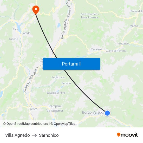 Villa Agnedo to Sarnonico map