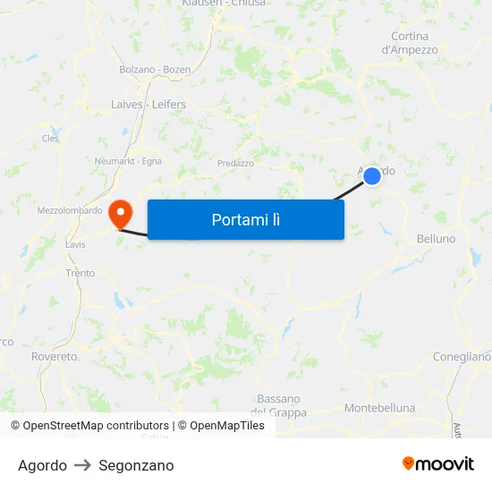 Agordo to Segonzano map