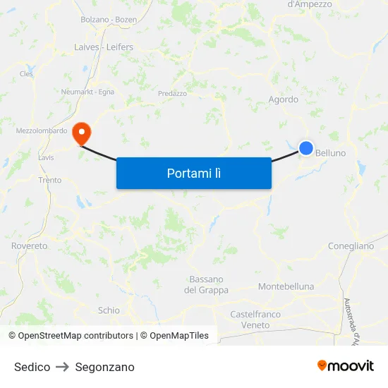Sedico to Segonzano map