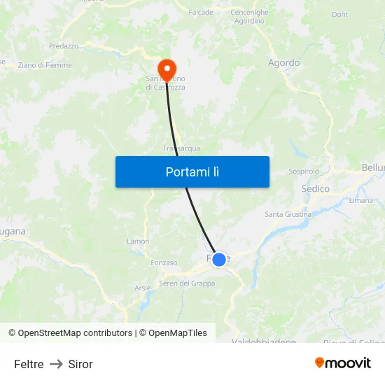 Feltre to Siror map