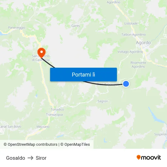 Gosaldo to Siror map