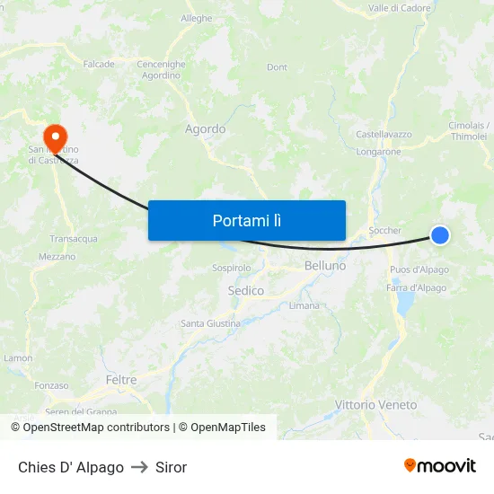 Chies D' Alpago to Siror map