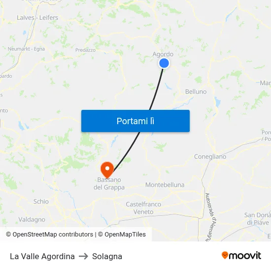 La Valle Agordina to Solagna map