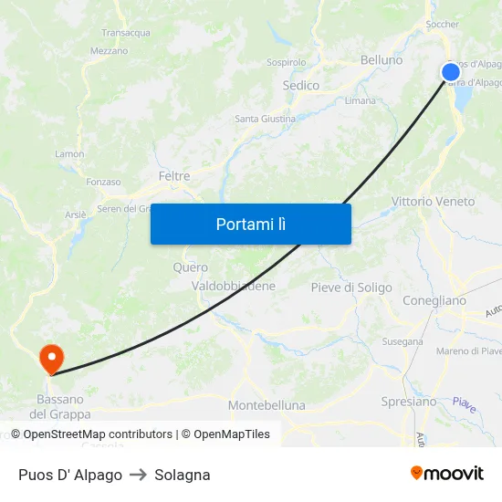 Puos D' Alpago to Solagna map