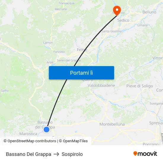 Bassano Del Grappa to Sospirolo map
