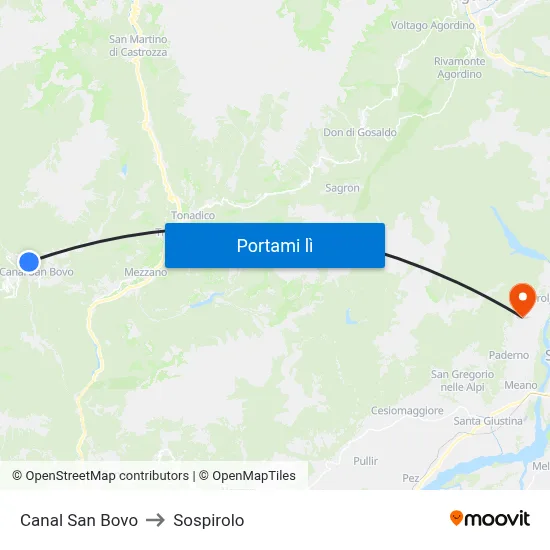 Canal San Bovo to Sospirolo map