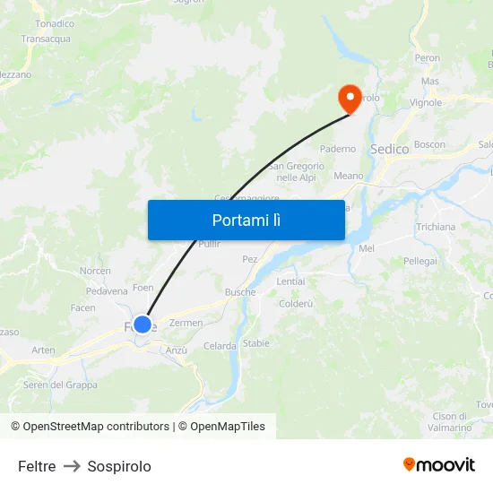 Feltre to Sospirolo map