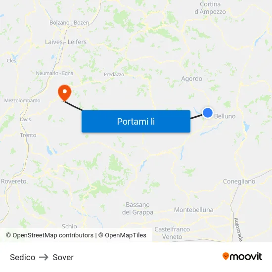 Sedico to Sover map