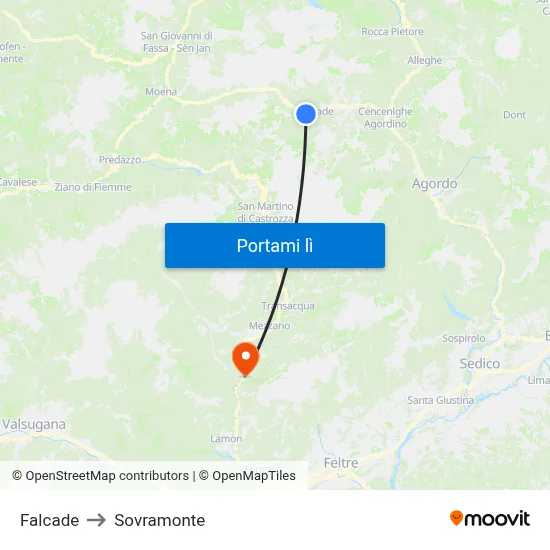 Falcade to Sovramonte map