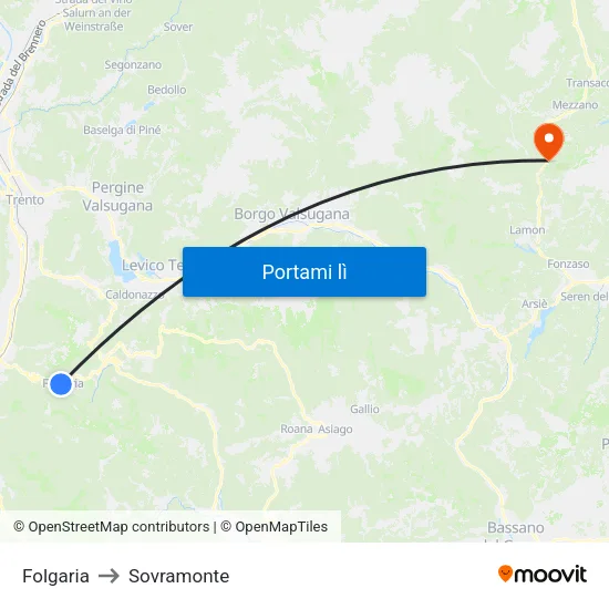 Folgaria to Sovramonte map