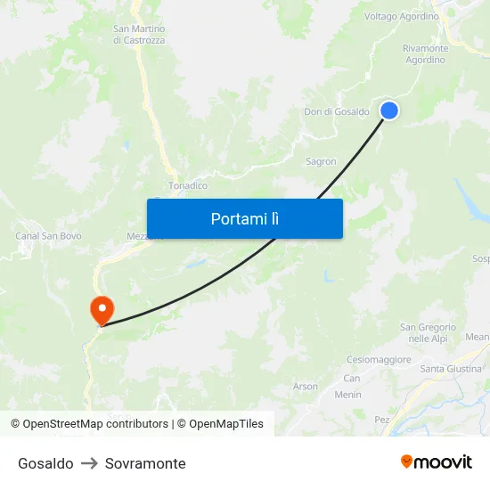 Gosaldo to Sovramonte map