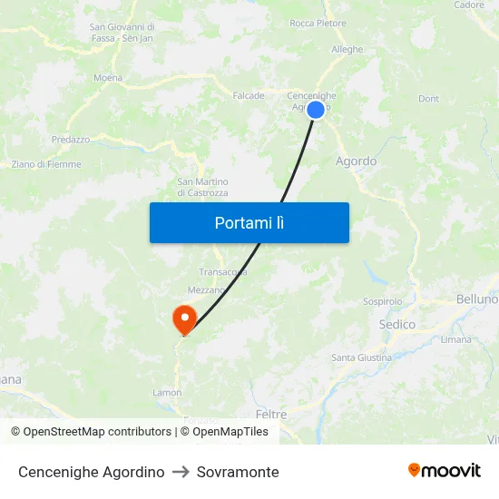 Cencenighe Agordino to Sovramonte map