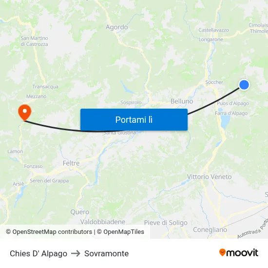 Chies D' Alpago to Sovramonte map