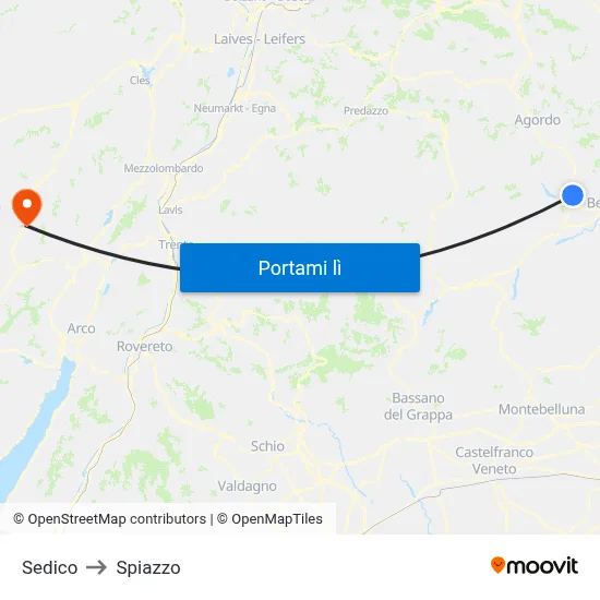 Sedico to Spiazzo map