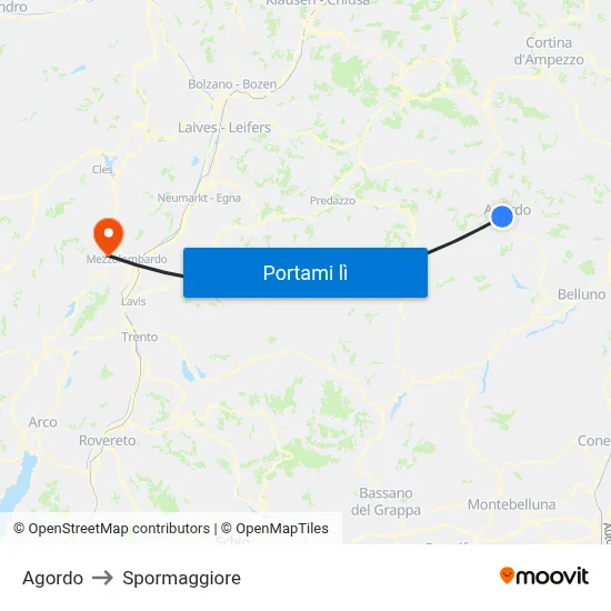 Agordo to Spormaggiore map