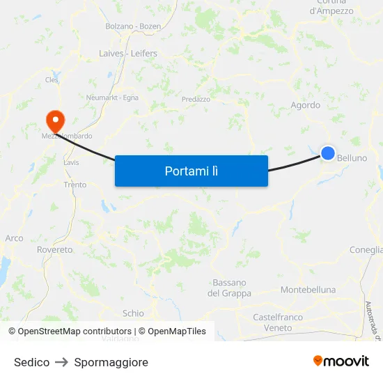 Sedico to Spormaggiore map