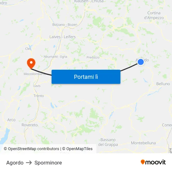 Agordo to Sporminore map
