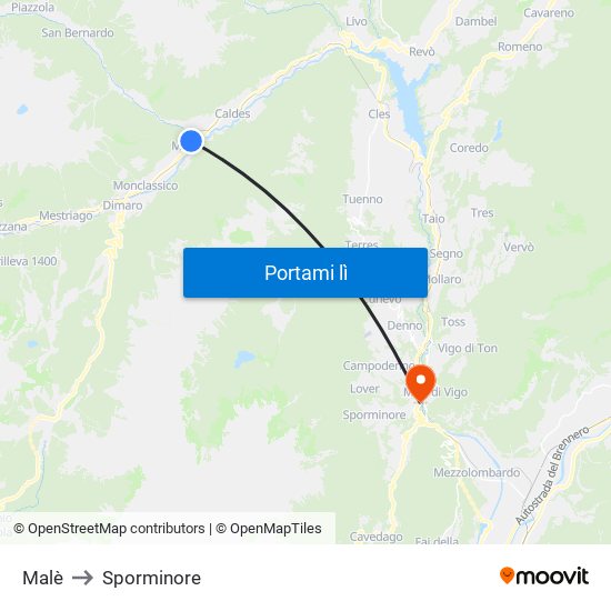 Malè to Sporminore map