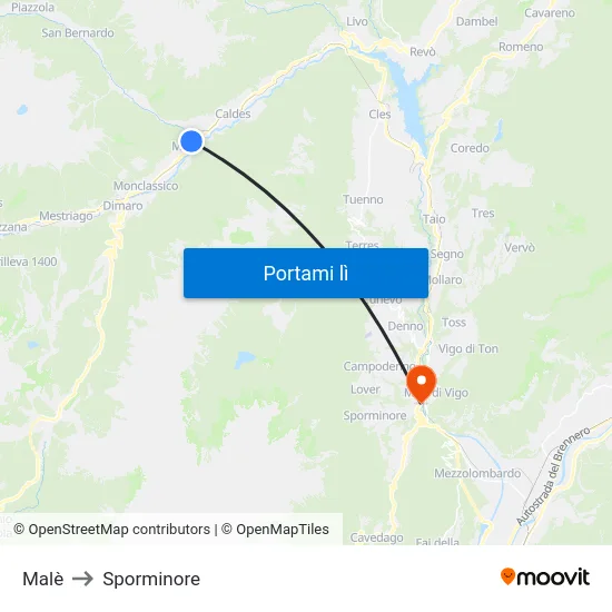 Malè to Sporminore map