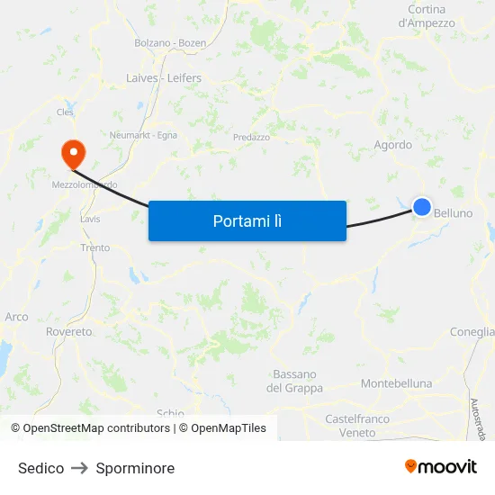 Sedico to Sporminore map