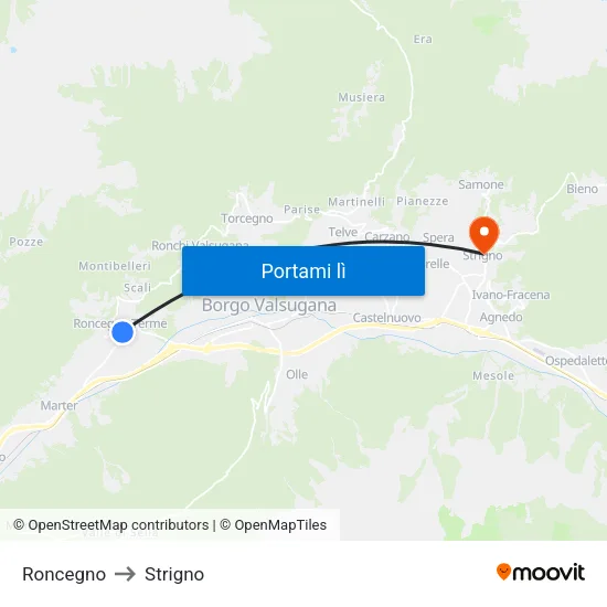 Roncegno to Strigno map