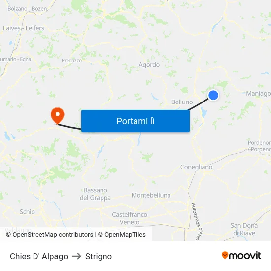 Chies D' Alpago to Strigno map
