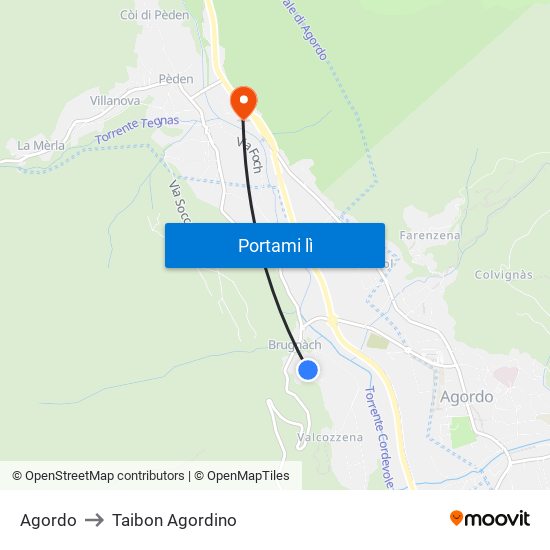 Agordo to Taibon Agordino map