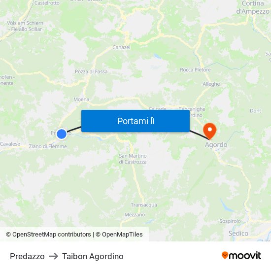 Predazzo to Taibon Agordino map