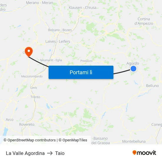 La Valle Agordina to Taio map