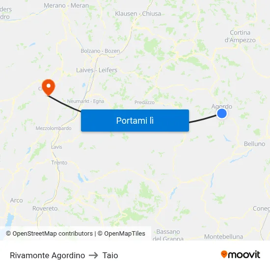 Rivamonte Agordino to Taio map