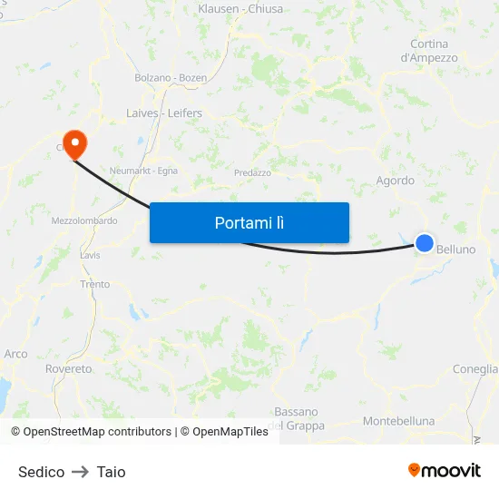 Sedico to Taio map