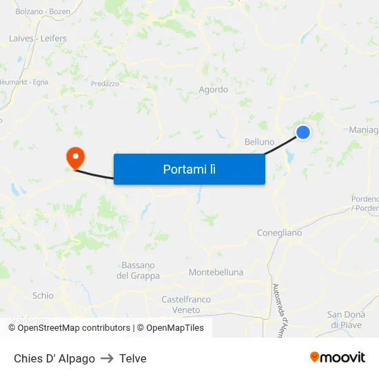 Chies D' Alpago to Telve map
