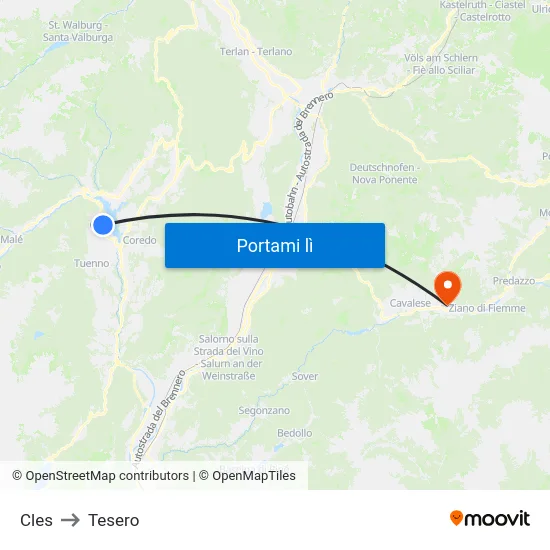 Cles to Tesero map