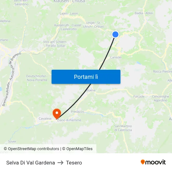 Selva Di Val Gardena to Tesero map