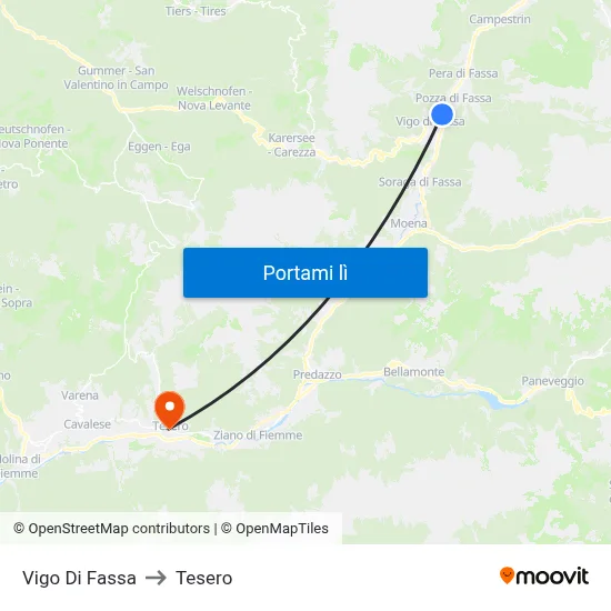 Vigo Di Fassa to Tesero map