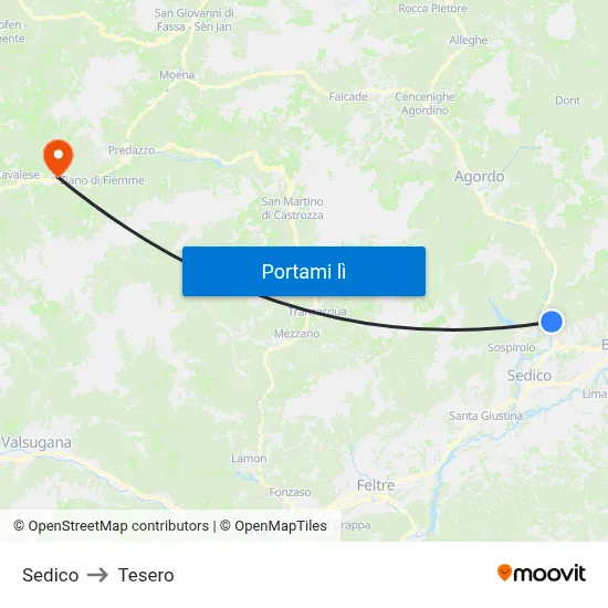 Sedico to Tesero map