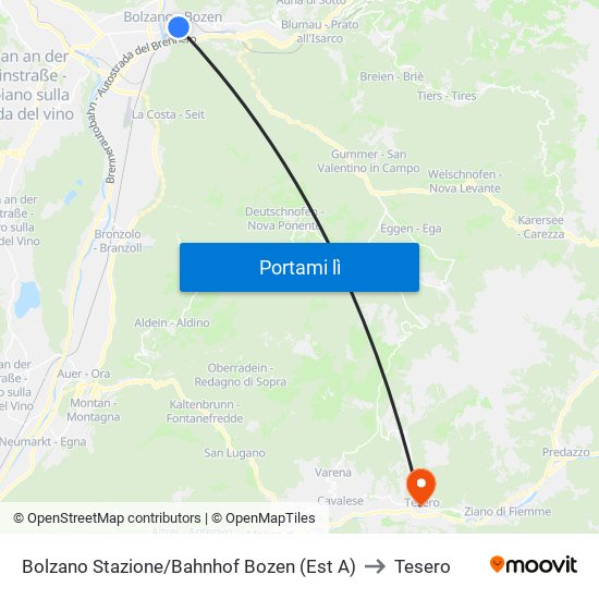 Bolzano Stazione/Bahnhof Bozen (Est A) to Tesero map