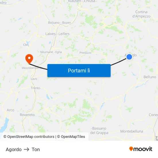 Agordo to Ton map